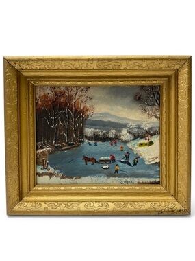 Vintage Original Winter Landscape Pond Ice Skating Oil Painting Framed 8x10